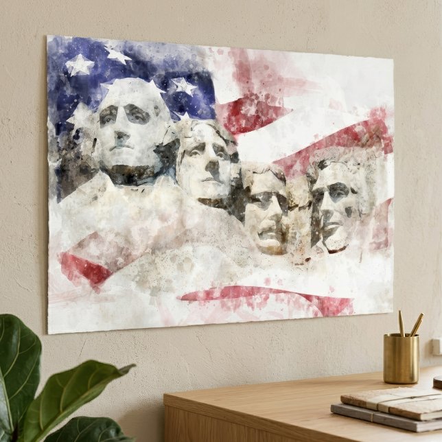 Poster Monte Rushmore Aquarela com Bandeira Americana (Mount Rushmore Watercolor with American Flag. Poster)
