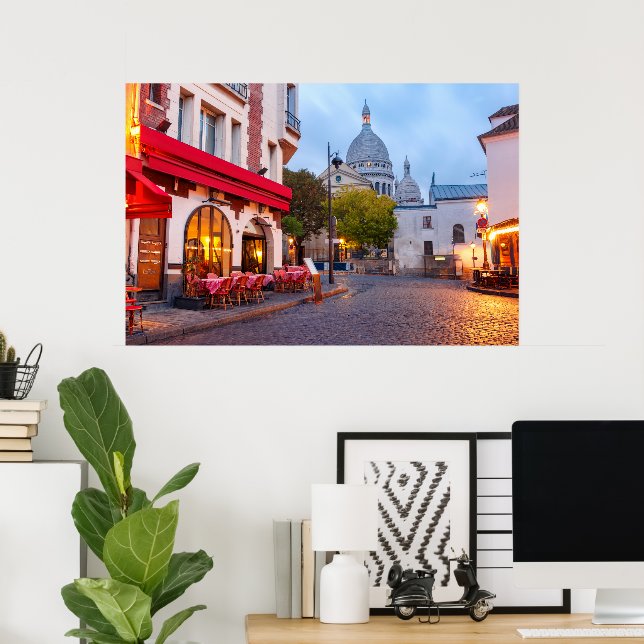 Poster Montmartre in Paris, France Old Street Café (Escritório em casa)