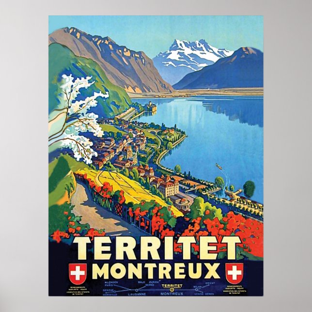 Poster Montreux, Areal view, montanhas, lago, Suiça (Frente)