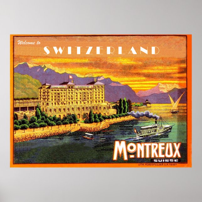 Poster Montreux, lago de Genebra, Suiça, viagens vintage (Frente)