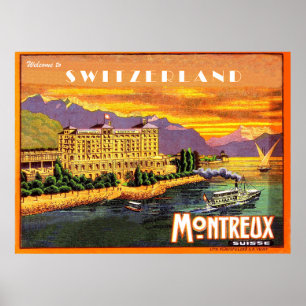 Poster Montreux, lago Genebra, suiça, viagens vintage