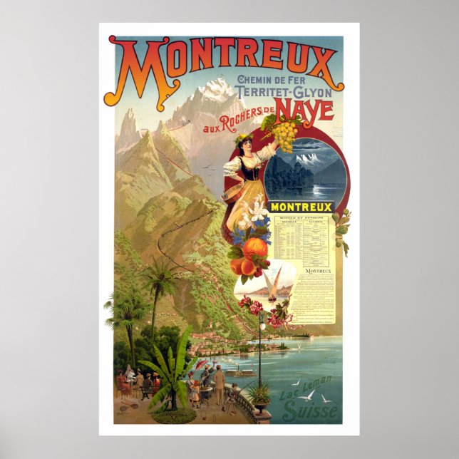 Poster Montreux, Suíça, Viagens Antigas (Frente)