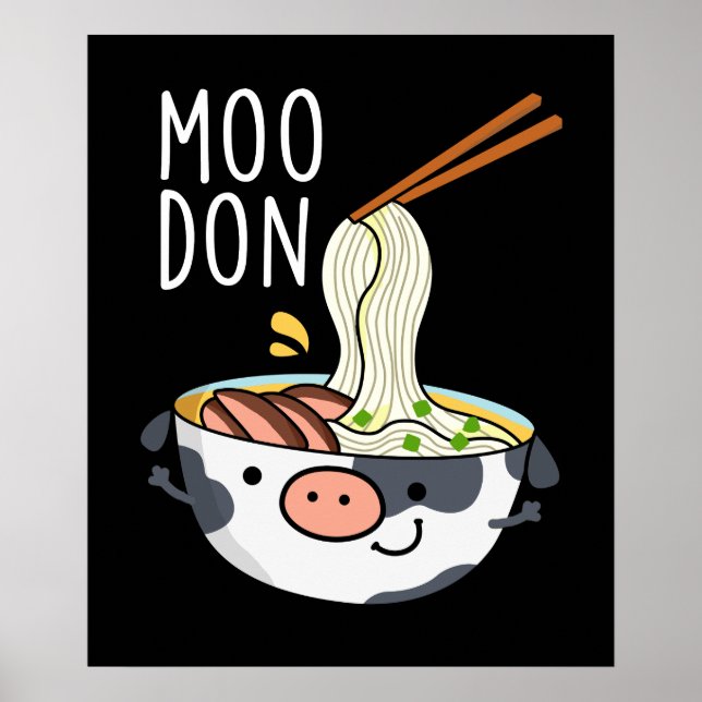 Poster Moo-don Funny Udon Pun Fundo Preto Escuro (Frente)