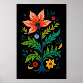Poster Moody Black Boho Floral Tree Folk Art