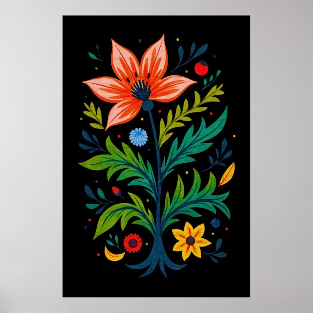 Poster Moody Black Boho Floral Tree Folk Art (Frente)