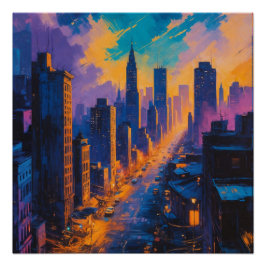 Póster Moody Cityscape em Dusk com luzes de neon