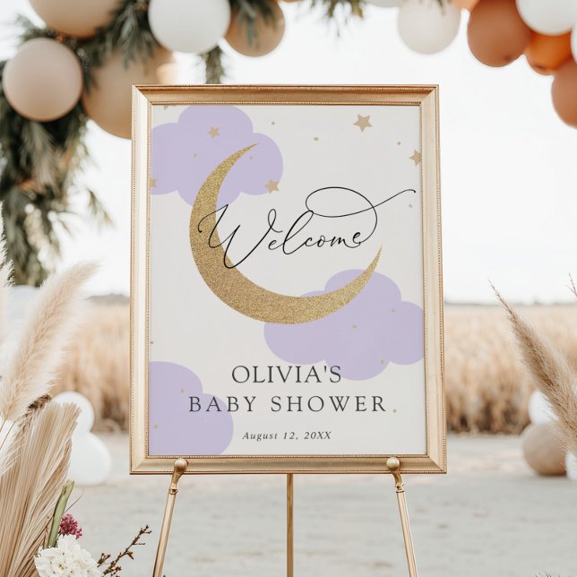 Poster Moon and Stars Purple Baby Shower Welcome Sign (Criador carregado)