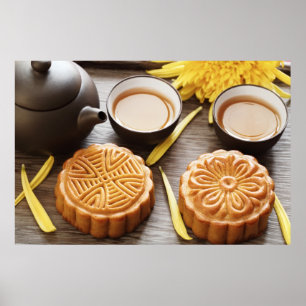 Póster Mooncake e chá, festival meados de chinês do