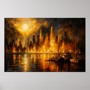 Poster Moonfire Skyline - Paisagem Urbana Ardente sob Lua