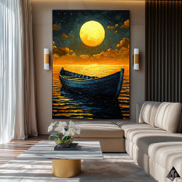 Poster Moonlit Boat Journey - Naïf Dreamy Night Art