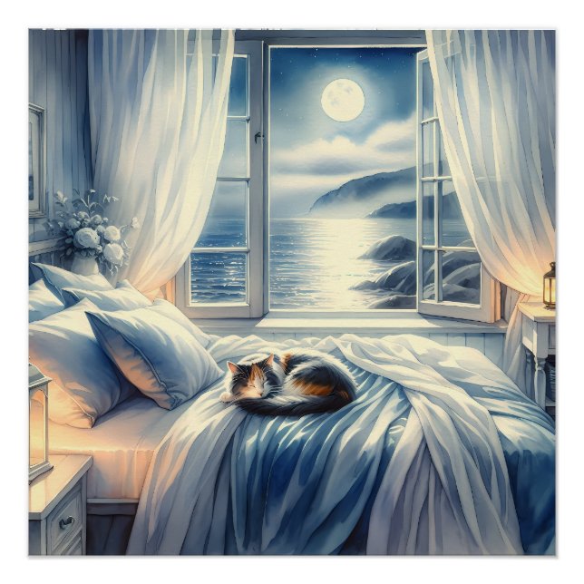 Póster Moonlit Coastal Bedroom with Sleeping Cat (Frente)