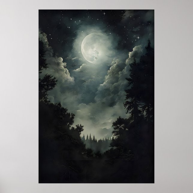 Poster Moonlit Forest Print, Gothic Witchy Decor, Dark (Frente)