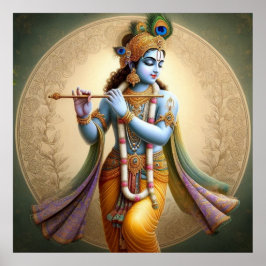 Poster Moonlit Krishna Art: Flute Deity, Espiritual India
