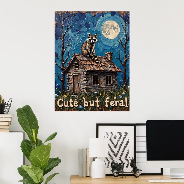 Poster Moonlit Lookout: Raccoon no Telhado de Cabina (Escritório em casa)