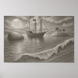 Poster Moonlit Pirate Ship Drawing – Nautical Fantasy