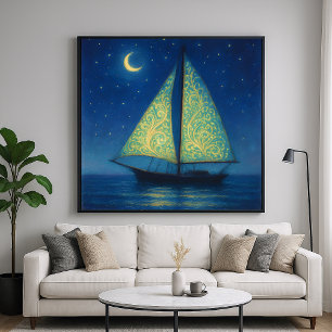 Poster Moonlit Sailboat - Pastel Painting Style Art