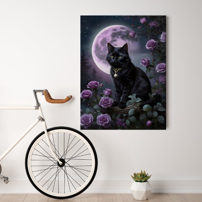 Póster Moonlit Whiskers (Purple moonlight, roses and cat)