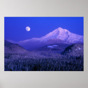 Poster Moonrise sobre Mt Hood Winter, Oregon
