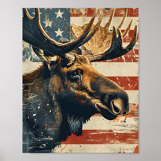 Poster Moose American Flag Vintage (Frente)