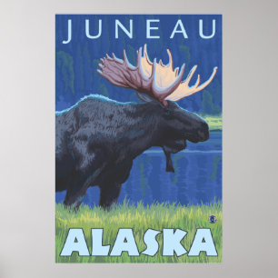 Póster Moose at Night - Juneau, Alaska