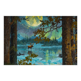 Póster Moose Canadiana e Lua de inverno