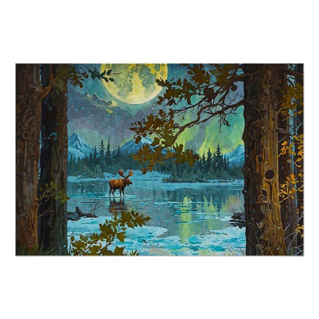 Póster Moose Canadiana e Lua de inverno (Frente)