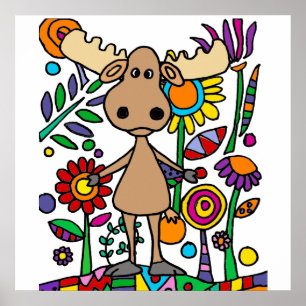 Poster Moose Engraçado Abstrato de Arte no Jardim Flor
