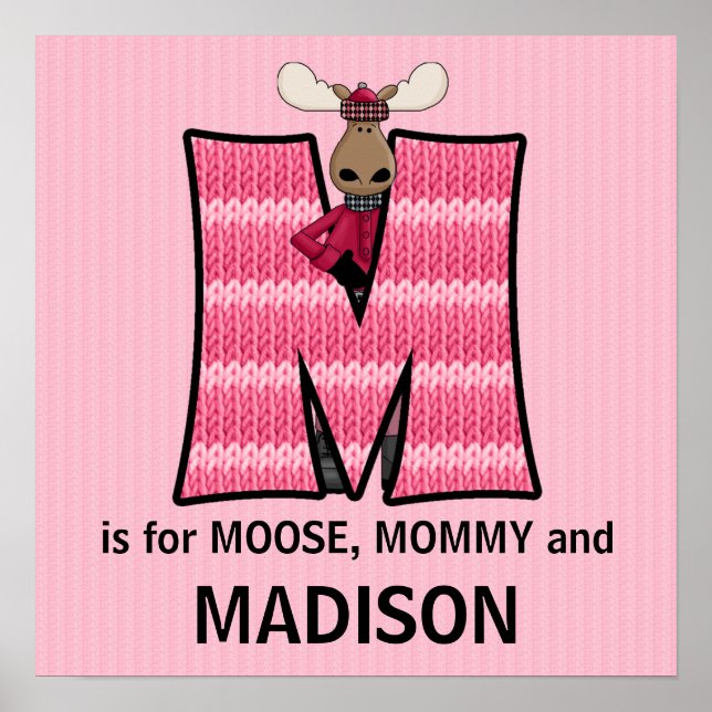 Póster Moose Rosa Monograma - Letra M Sala de Bebê (Frente)