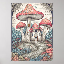 Poster Moradia Florestal de Cogumelo Vintage Criativo