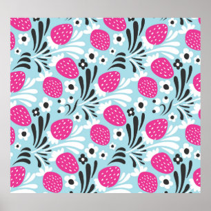Poster Morango Floral: Berry Rosa Sem Costura.
