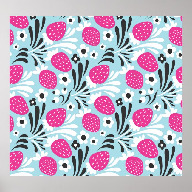 Poster Morango Floral: Berry Rosa Sem Costura. (Frente)