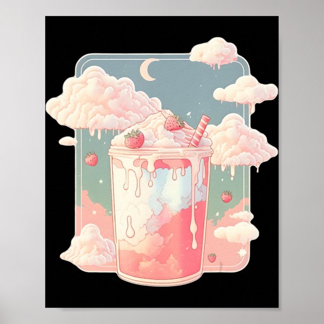 Poster Morango Leite Milkshake Kawaii Lofi Cute Pastel (Frente)