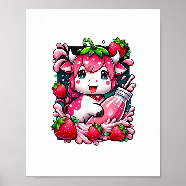 Poster Morango Vaca Kawaii Anime Morango Leite (Frente)