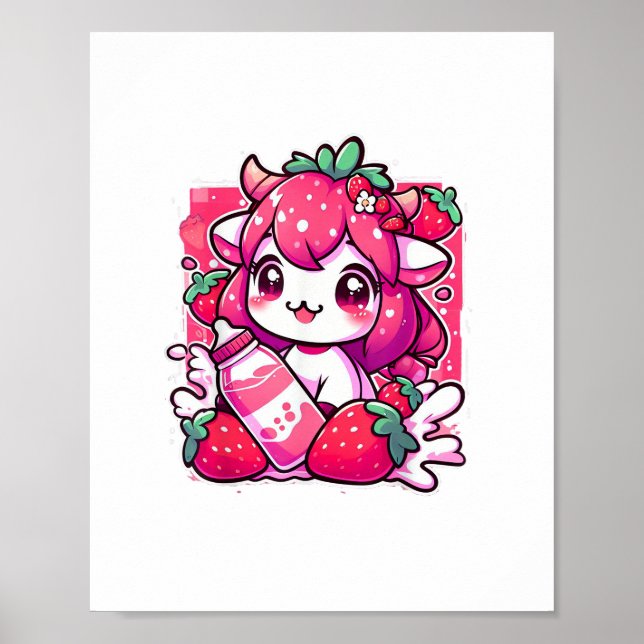 Poster Morango Vaca Kawaii Anime Morango Leite _2_1 (Frente)