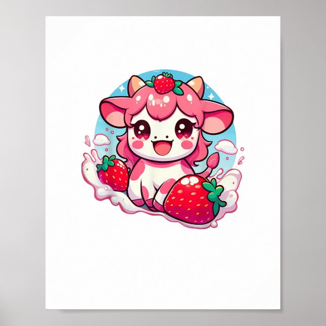 Poster Morango Vaca Kawaii Anime Morango Leite _3 (Frente)