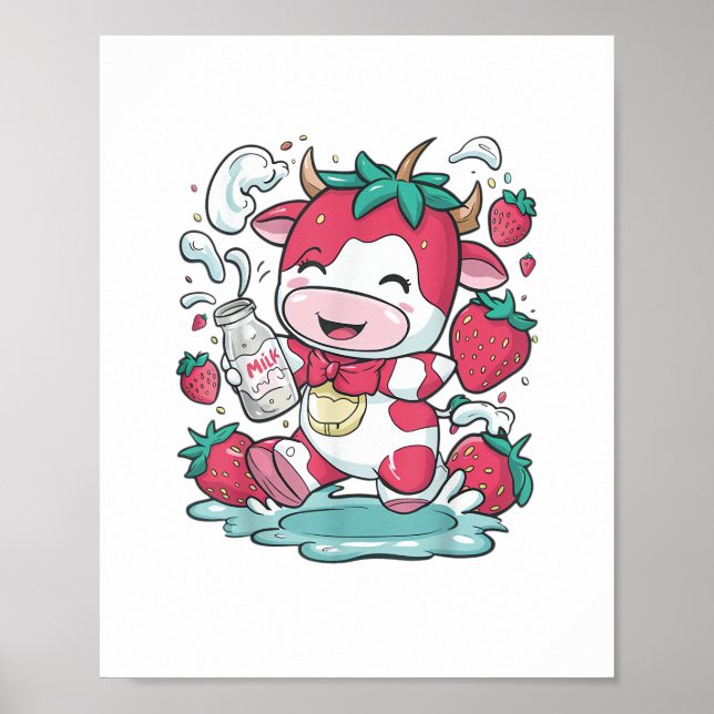 Poster Morango Vaca Kawaii Anime Morango Leite _4 (Frente)