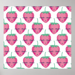 Poster Morangos adormecidos sorrindo, padrão fofo.