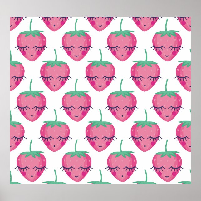 Poster Morangos adormecidos sorrindo, padrão fofo. (Frente)