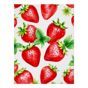 Póster Morangos Brilhantes em Watercolor em Branco