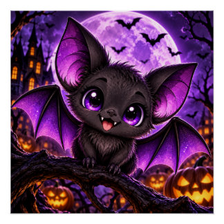 Póster Morcego Roxo Gótico Fofo de Halloween Lua