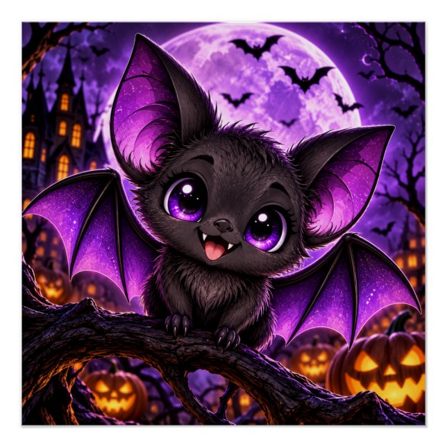 Póster Morcego Roxo Gótico Fofo de Halloween Lua (Frente)