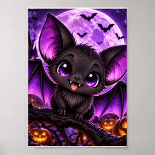 Poster Morcego Roxo Gótico Fofo de Halloween Lua