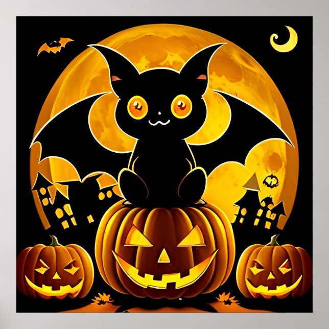 Poster Morcegos de Desenho de Halloween Voando Sobre Abób (Frente)