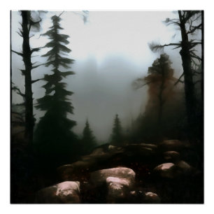 Póster Morning Forest Fog Beyond The Creek Landscape Art 