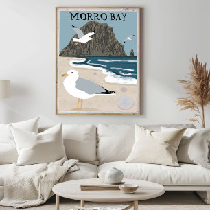 Poster Morro Rock Bay Central California Beach Seagulls