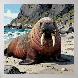 Poster Morsa Fofa em uma Praia Arenosa