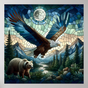 Poster Mosaic Bear and Eagle in the Mountains Ai Art