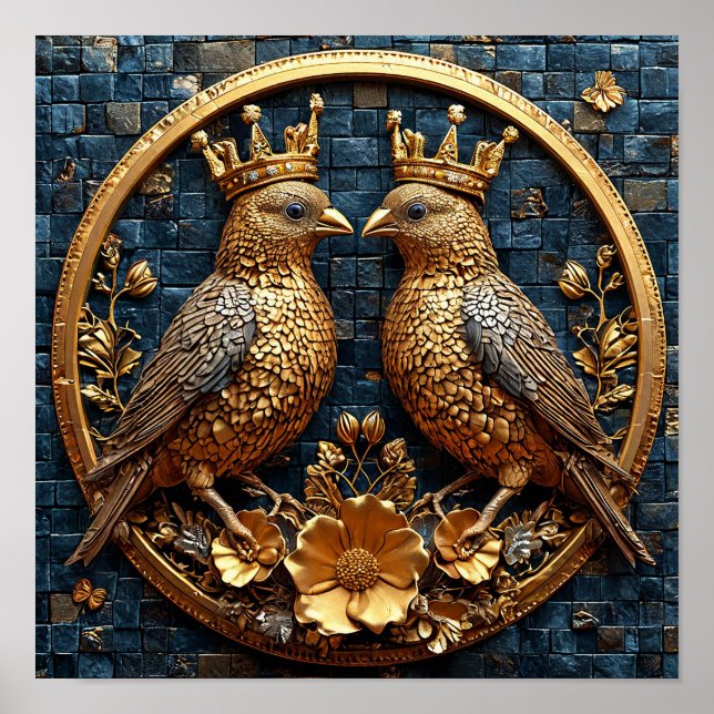 Poster 👑 Mosaico Coroa de Pássaros Dourados Arte de Luxo (Frente)