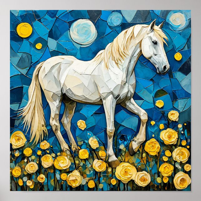 Poster Mosaico de Cavalo Branco Arte de Fantasia Floral A (Frente)