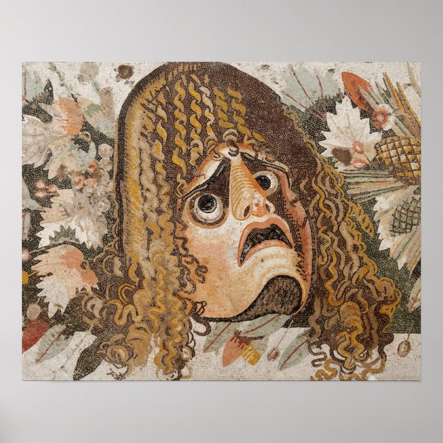 Poster Mosaico romano, com máscara, folhas e fruta (Frente)